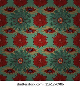 Green, red and brown background with flowers pattern. Vector floral seamless pattern.