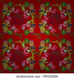 Green, red and brown colors vector seamless pattern with many flowers.