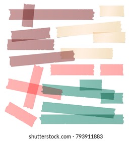 Green, red, brown different size adhesive, sticky, masking, duct tape, paper pieces for text on white background