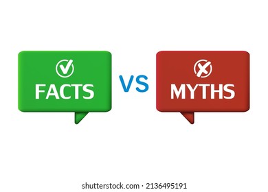 Green and red bubbles with myths versus facts. The concept of thorough fact checking or simple comparison of evidence.
