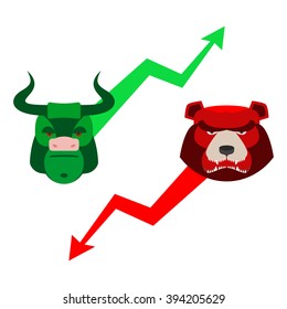Green Red Bull and bear. Traders at stock exchange. Business allegory. Fall and rise of quotations. Green and red arrow. Character set for business infographics