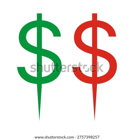 Green, red, bursting US dollar icons. Two USD money symbols. Isolated on a white background.