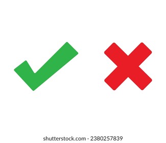 Green and red button. Green check mark and red cross. Isolated flat vector sign symbol. Checkmark icon set. Checkmark right symbol tick sign. Flat vector icon. Test question. EPS 10. 