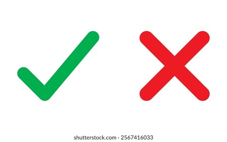 Green and red button. Green check mark and red cross. Isolated flat vector sign symbol. Checkmark icon set. Checkmark right symbol tick sign. Flat vector icon. Test question. EPS 10. 