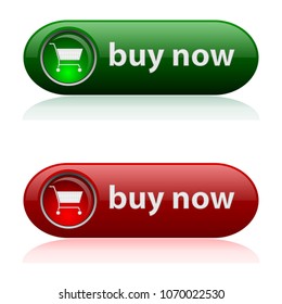 Green and red button for websites, Internet applications, shop, vector illustration buttons with the inscription buy now, buttons on the icon with the image of a consumer basket, carts with wheels.