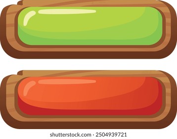 Green and red buttons. Cartoon wood ui element