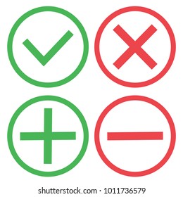 Green and red buttons. Green check mark and red cross. Green plus and red minus. Vector illustration