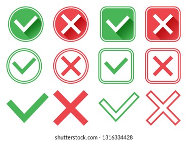 Green and red buttons. Green check mark and red cross. Right and wrong. Different design. Vector illustration