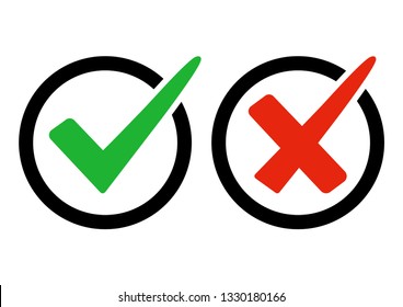 Green and red buttons. Green check mark and red cross. Right and wrong. Vector illustration