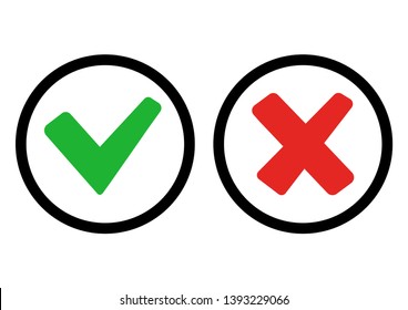 Green and red buttons. Green check mark and red cross. Right and wrong. Vector illustration