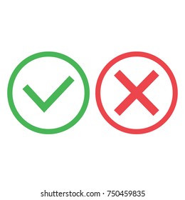 Green and red buttons. Green check mark and red cross. Right and wrong. Vector illustration