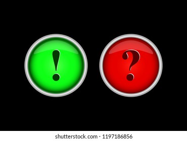 Green and red buttons with exclamation and question marks