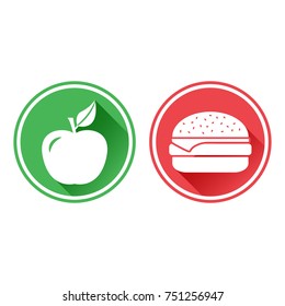 Green and red buttons. White apple and cheeseburger icon. The choice between unhealthy food and healthy food. Vector illustration