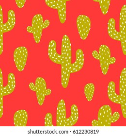 Green and red cactus vector seamless pattern. Bold cartoon cacti desert background.