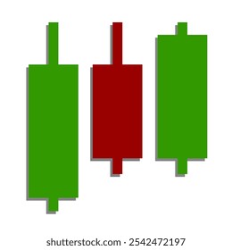 Green and Red Candlestick Design. Simple candlestick icon representing market trends. Ideal for finance and stock market visuals. Isolated background.