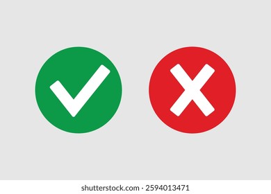 Green and red check circles with yes and no signs. Modern label icons of check and cross on a gray background. Check and cross in a circle.