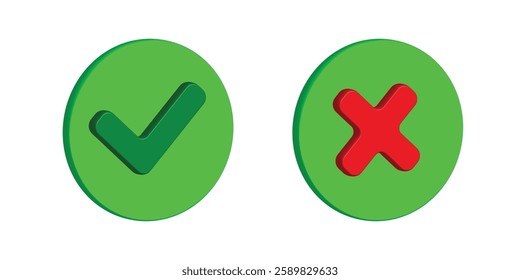 green and red check and cross 3D icon isolated on white background. eps
