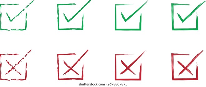 Cajas de verificación verdes y rojas aisladas sobre fondo blanco. Símbolos de grunge dibujados a mano y cruz para el diseño de listas de verificación, Encuestas o Aprobaciones. Conjunto de iconos de Vector simple para marcar conceptos.