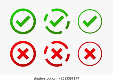 green and red check mark circular sign in collection vector