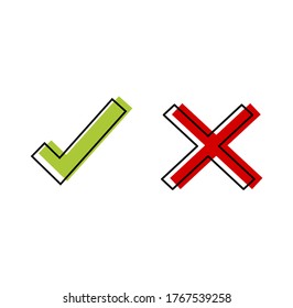 Green and red check mark icon. checkmarks flat line icons set. Vector illustration on white background