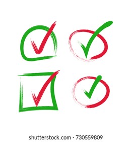 Green and red check mark icon. Tick symbol in grunge frame