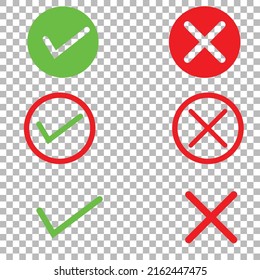Green and red Check mark, tick and cross brush signs, green checkmark OK and red X icons, symbols yes and no button for vote, stock vector