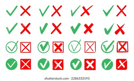 Green and red check marks. Cross and tick elements check list, yes or no checking indicators, right or wrong answers icon on white background. Vector set. Round and square checkbox