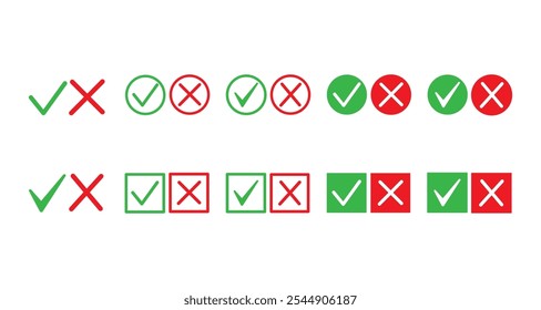 Marcas verdes y rojas. Cruce y marque los Elementos para la lista de verificación. Sí o no indicadores de comprobación, icono correcto o incorrecto aislado sobre fondo blanco. Ilustración vectorial plana. 