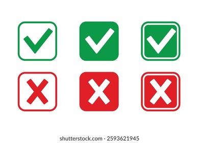 Green and red checkboxes with yes and no signs. Modern label icons of checkmarks and crosses on a white background. Checkmarks and crosses in boxes.