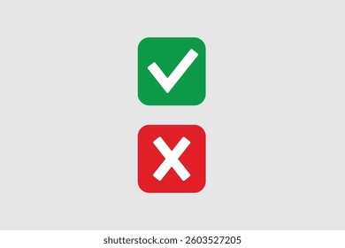 Green and red checkboxes with yes and no signs. Modern label icons of check and cross on a gray background. Check and cross in a box.