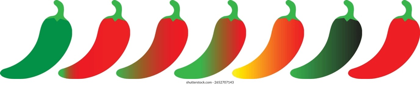 Green to red Chili pepper drawing illustration with drop shadow