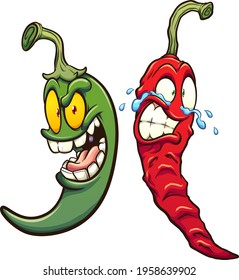 Green and red chili peppers smiling and crying. Vector clip art illustration with simple gradients. Each on a separate layer. 
