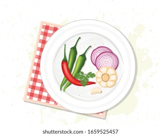 green and red chili vector illustration with garlic cloves and onion