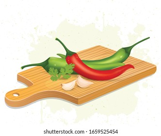 Green and Red Chillies vegetable with Garlic cloves vector illustration on wooden chopping board