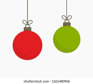 Green and red Christmas balls hanging ornaments. Vector illustration