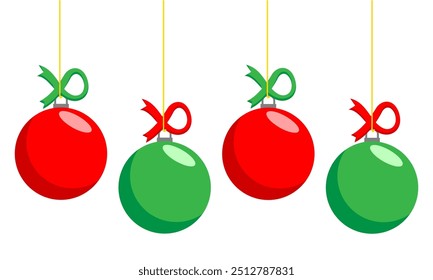 Green and Red Christmas baubles on a string with a ribbon isolated on a white background