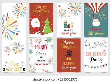 Green red christmas card with christmas tree,sock,gift,balloon,light,firework and santa claus