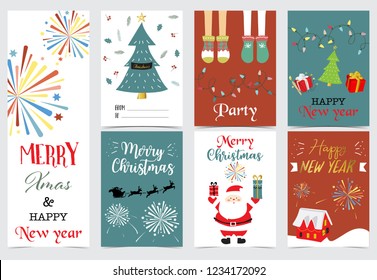 Green red christmas card with christmas tree,sock,gift,house,light,firework and santa claus