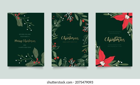 Green and  red Christmas invitation cards vector design template. Floral Christmas greeting card design with flower and winter leaves frame. Vector illustration.