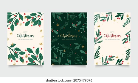 Green and  red Christmas invitation cards vector design template. Floral Christmas greeting card design with flower and winter leaves frame. Vector illustration.