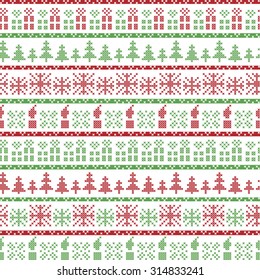 Green and red Christmas Nordic pattern in including  Xmas gifts, candles, snowflakes, stars, decorative ornaments in scandinavian style knitted cross stitch 
