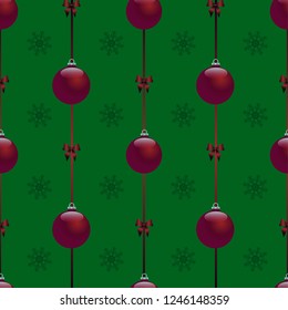 Green and red Christmas seamless pattern of balls and snowflakes