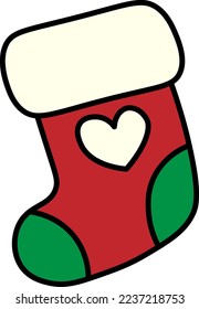 Green and Red christmas sock with a white heart in cartoon style