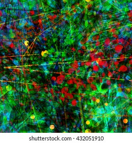 Green and red. Circles. Shapeless spots. Thin straight lines. Stripes. Overlap, intersection, transparency overlay. Randomly mixed. Spotted seamless pattern.