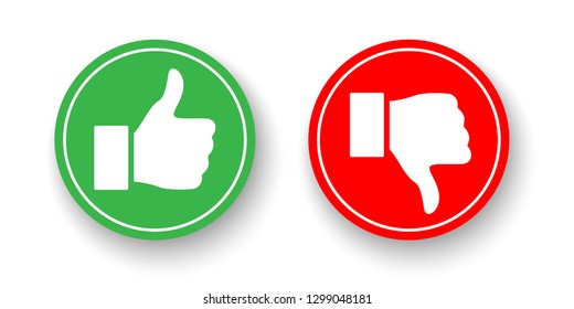 Green and red circles with Thumbs up and Thumbs down icons isolated on white background. Vector design elements