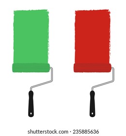 Green and red color paint roller with trace of paint. Vector clip art illustration isolated on white