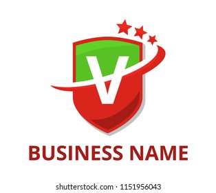 green and red color shield get slice into half logo graphic design with modern clean style for protection or security company with initial type letter v on it