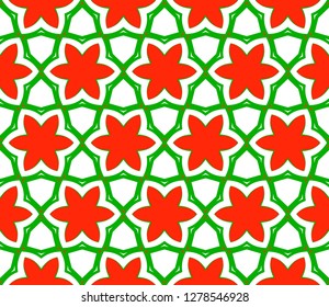 Green, red color Vector Seamless Pattern With Abstract Geometric Style. Repeating Sample Figure And Line. For Fashion Interiors Design, Wallpaper, Textile Industry.