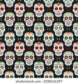 Green and red colored latin american traditional Day of the Dead background. Ethnic ornate sugar skulls with flowers for fabric prints, wallpaper, wrapping paper. EPS 10 vector seamless pattern.	
