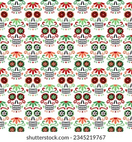 Green and red colored latin american traditional Day of the Dead background. Ethnic ornate sugar skulls with flowers for fabric prints, wallpaper, wrapping paper. EPS 10 vector seamless pattern.	
